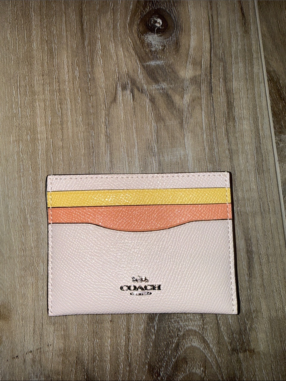 Coach Pebbled Leather Card Case in Pink with Yellow & Peach Accents